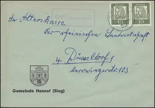 Landpost-Stempel 5201 Lanzenbach auf Brief SIEGBURG 16.8.1963