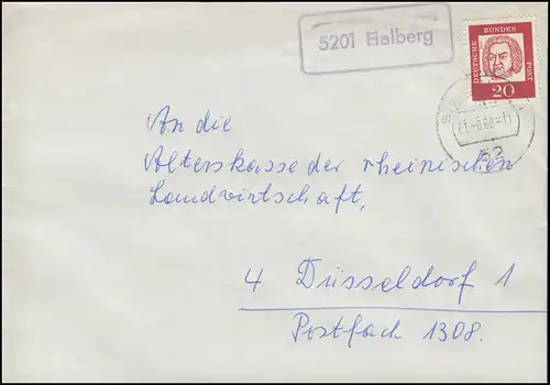 Landpost-Stempel 5201 Halberg auf Brief SIEGBURG 21.8.1963