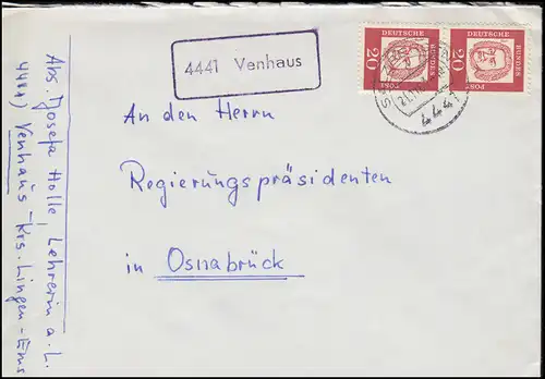 Temple de la poste de campagne 4441 Venhaus sur lettre SALZBERGEN 21.11.1963