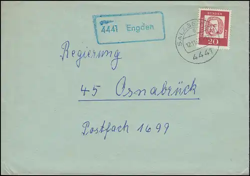 Temple de la poste de campagne 4441 Engden sur lettre SALZBERGEN 12.11.1963