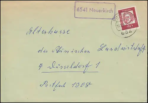 Landpost-Stempel 6541 Neuerkirch auf Brief SIMMERN 14.12.1963 nach Düsseldorf