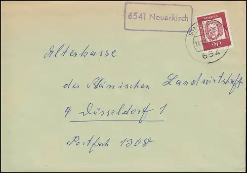 Temple de Landpost 6541 Neuerkirch sur lettre SIMMERN 14.12.1963 à Düsseldorf