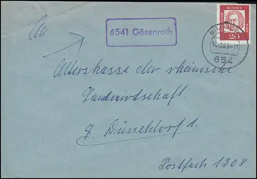 Landpost-Stempel 6541 Gösenroth auf Brief SIMMERN 16.10.1963 nach Düsseldorf