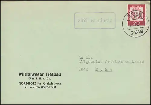 Landpost-Stempel 3091 Nordholz auf Brief VERDEN 11.12.1963