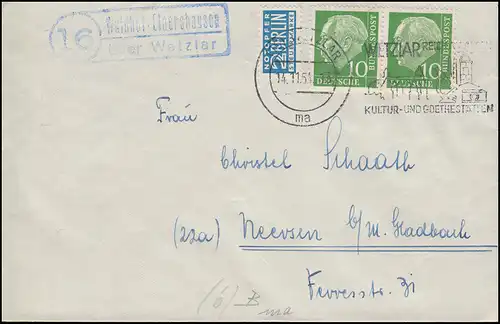 Landpost-Stempel Waldhof-Elgershausen über WTZLAR 14.11.1954 auf Brief