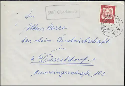 Landpost-Stempel 5551 Oberkleinich auf Brief BERNKASTEL-KUES 8.5.1963