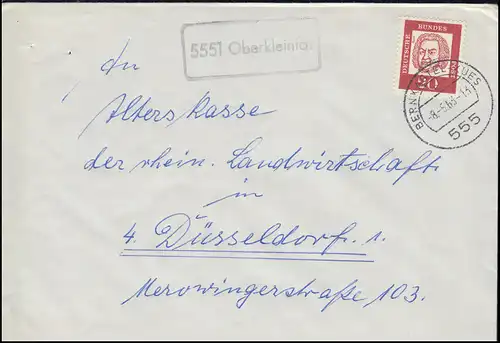 Le temple de la poste de campagne 5551 Oberkinich sur lettre BERNKASTEL-KUES 8.5.1963