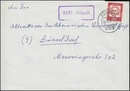 Temple de la poste agricole 5591 Driesch sur lettre COCHEM 23.8.1963