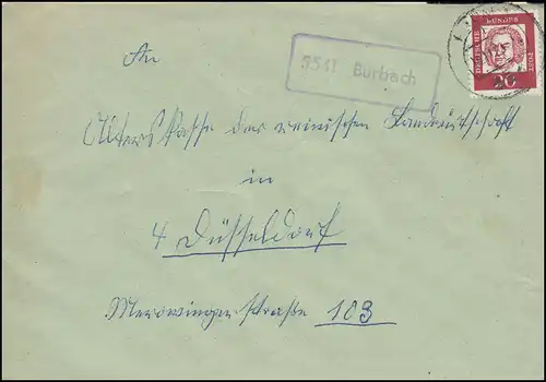 Temple de la poste de campagne 5541 Burbach sur lettre PRUM 15.11.1963