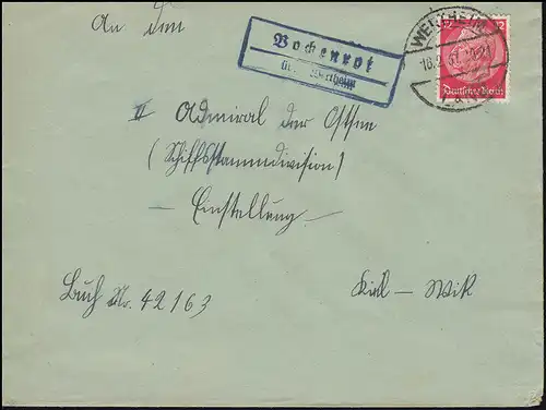 Landpost-Stempel Bockenrot über WERTHEIM LAND 18.2.1937 nach Kiel-Wik