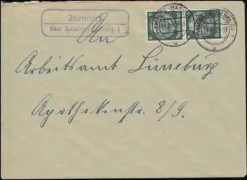 Landpost-Stempel Asendorf über HAMBURG-HARBURG 14.8.1940 auf Brief nach Lüneburg