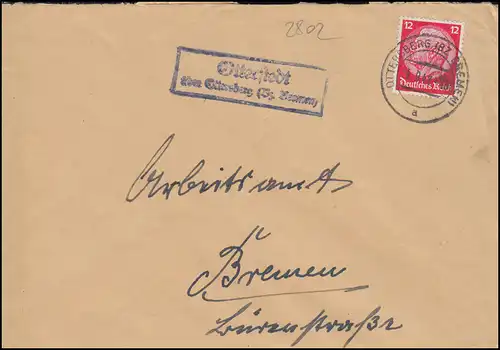 Landpost-Stempel Otterstedt über OTTERSBERG (BZ BREMEN) 4.9.1941 auf Brief