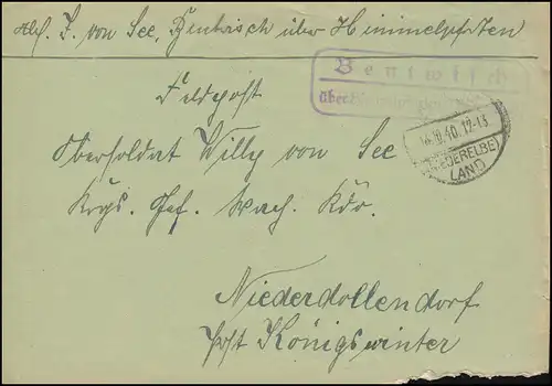 Landpost-Stempel Bentwisch über HIMMELPFORTEN (NIEDERELBE) LAND 14.10.1940 