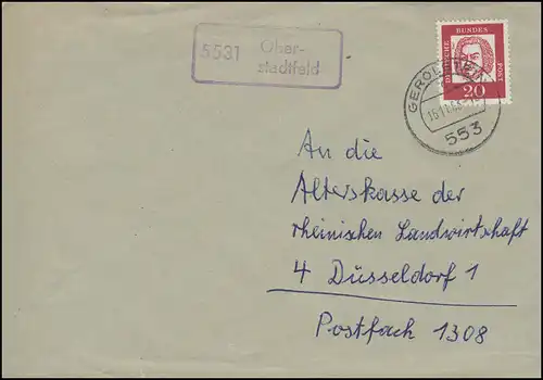 Temple de la poste de campagne 5531 Oberstadtfeld sur lettre GEROLSTEIN 16.11.1963