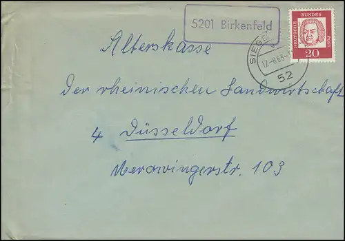 Landpost-Stempel 5201 Birkenfeld auf Brief SIEGBURG 17.8.1963 nach Düsseldorf