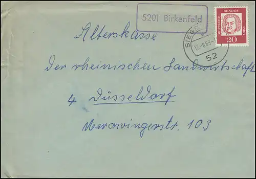 Temple de Landpost 5201 Birkenfeld sur lettre SIEBOURG 17.8.1963 à Düsseldorf