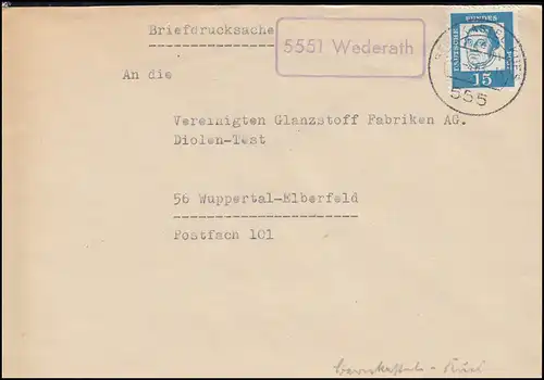 Landpost-Stempel 5551 Wederath auf Briefdrucksache BERNKASTEL-KUES 2.4.1963