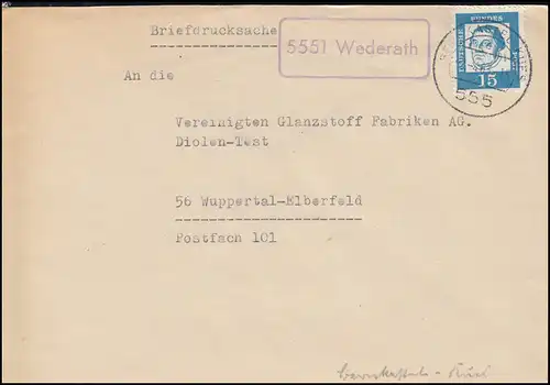 Temple de la poste de campagne 5551 Nierath sur l'impression de correspondance BERNKASTEL-KUES 2.4.1963