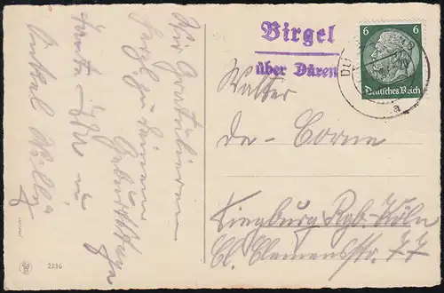 Landpost-Stempel Birgel über DÜREN 3.12.1937 auf Geburtstag-AK Kinder Blumen
