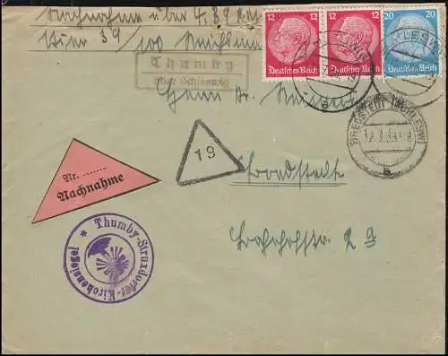 Landpost-Stempel Thumby über SCHLESWIG 11.7.38 auf NN-Brief nach BREDSTEDT 12.3.