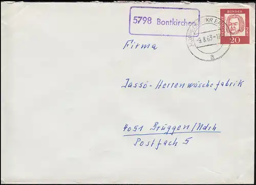 Landpost-Stempel 5798 Bontkirchen auf Brief HOPPECKE (KR BRILON) 9.8.1963