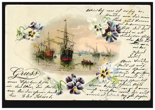 AK Artiste grouss ... Port avec voiliers vapeurs fleurs, selon BONN 1900