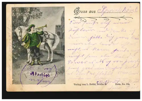 Künstler-AK Grusskarte Trompeter mit Pferd HERBEDE 1.8.1898 nach EVERSBURG 2.8.