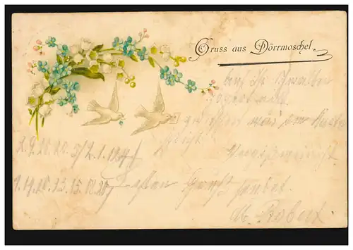 AK Gruß aus Dörrmoschel - Veilchenzweig mit Brieftauben, 22.11.1900