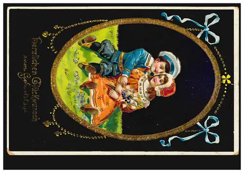 Carte de dessin Filles et garçon en tenue de fête Fleurs, NORTHEIM 1912