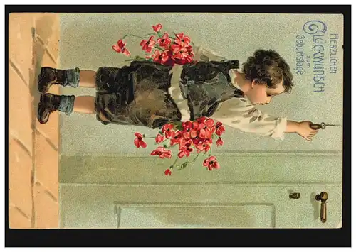 Carte de pré-flage garçon avec des fleurs en sonnant, FALKENBERG (BZ. HALLE) 5.4.1910