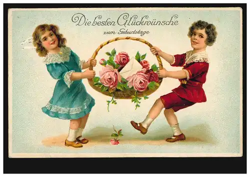 Prägekarte Geburtstag: Zwei Kinder mit Rosenkorb, Weißwasser / Oberlausitz 1914