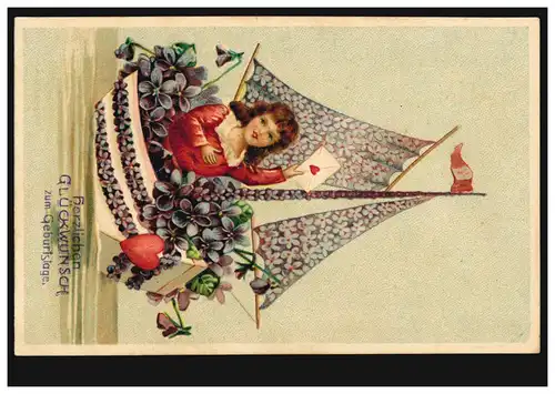 Carte d'anniversaire: bateau fleuri avec fille et lettre, GREIZ 14.6.1908