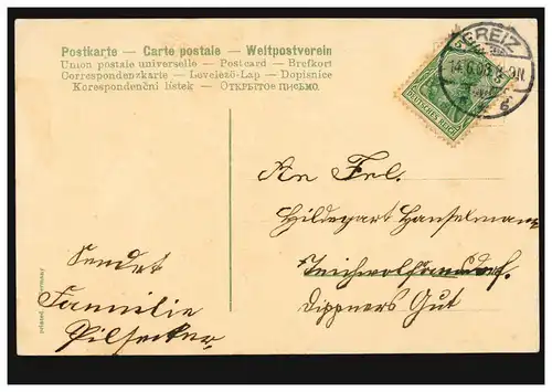 Carte d'anniversaire: bateau fleuri avec fille et lettre, GREIZ 14.6.1908