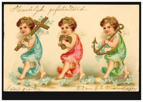 Prägekarte Drei Engel mit Kreuz Herz Anker, AMSTERDAM nach UTRECHT um 1910