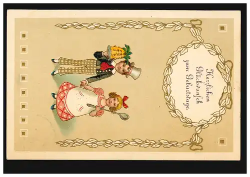Prägekarte Geburtstag: Mädchen mit Kochlöffel Junge mit Kuchen DRESDEN 19.9.1910