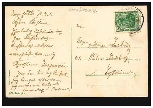 Prägekarte Muttertag: Kinder beim Baumschmücken, gelaufen 10.8.1915