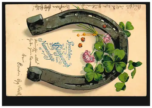 Prägekarte Namenstag: Hufeisen und Glücksklee REGENSBURG 25.7.1905 Ortspostkarte