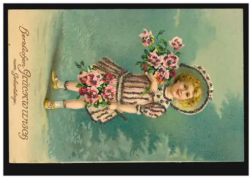 Carte d'anniversaire: Fille en robe scintillante fleurs, inutilisé