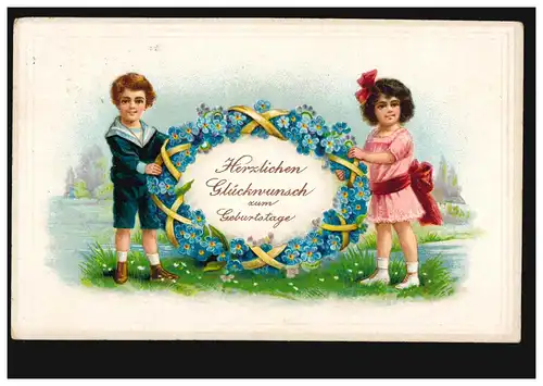 Prägekarte zum Geburtstag mit Veilchenblumen-Oval und Kinder, BORDESHOLM 25.4.22