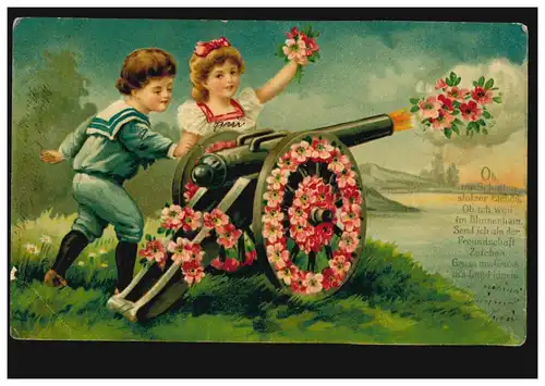 Prägekarte Kinder verschießen Blumen mit einer Kanone, MAGDEBURG 1914