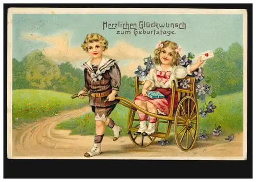 Carte de pré-fille garçon et fille avec voiture de violette lettre, PAUNSDORF 28.1.1913