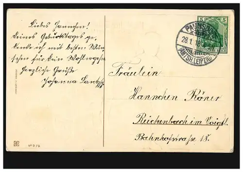 Prägekarte Junge und Mädchen mit Wagen Veilchenblumen Brief, PAUNSDORF 28.1.1913