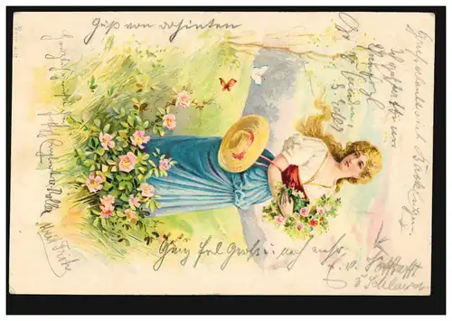 Carte de présentation femme avec fleurs papillons, Münnerstadt 5.2.02 d'après HAMMELBURG