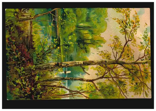 Prägekarte Waldlandschaft mit Fluss, AACHEN 29.5.1909 als Ortspostkarte