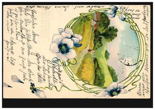 Carte de l'idylle du village avec guirlande fleurie, HADERSLE 11.2.1905 selon KIEL 12.2.