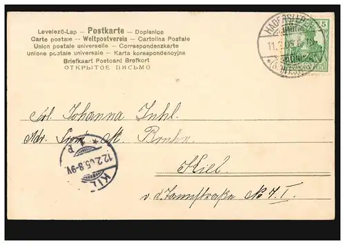 Prägekarte Dorfidylle mit Blumengirlande, HADERSLEBEN 11.2.1905 nach KIEL 12.2.