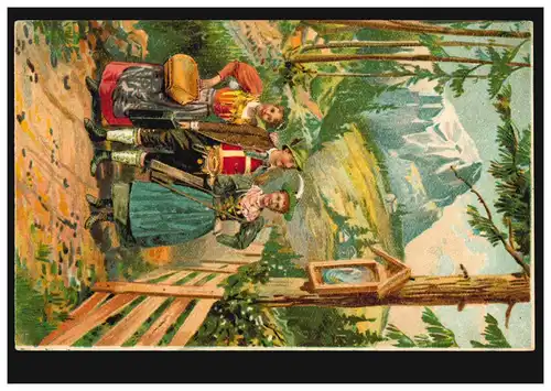 Carte de la montagne avec trio de costumes sur le croix de chemin, non utilisé
