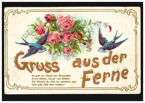 Carte de bord de rose avec paire d'hirondelles, HUILE PERD 3.3.1909