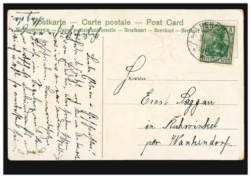 Prägekarte Rosenstrauß mit Schwalben-Paar, PERDÖL 3.3.1909