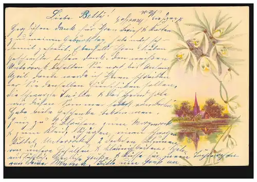 Prägekarte Dorfkirche mit Schneeglöckchen, HANNOVER 28.2.00 nach BERLIN 28.2.00